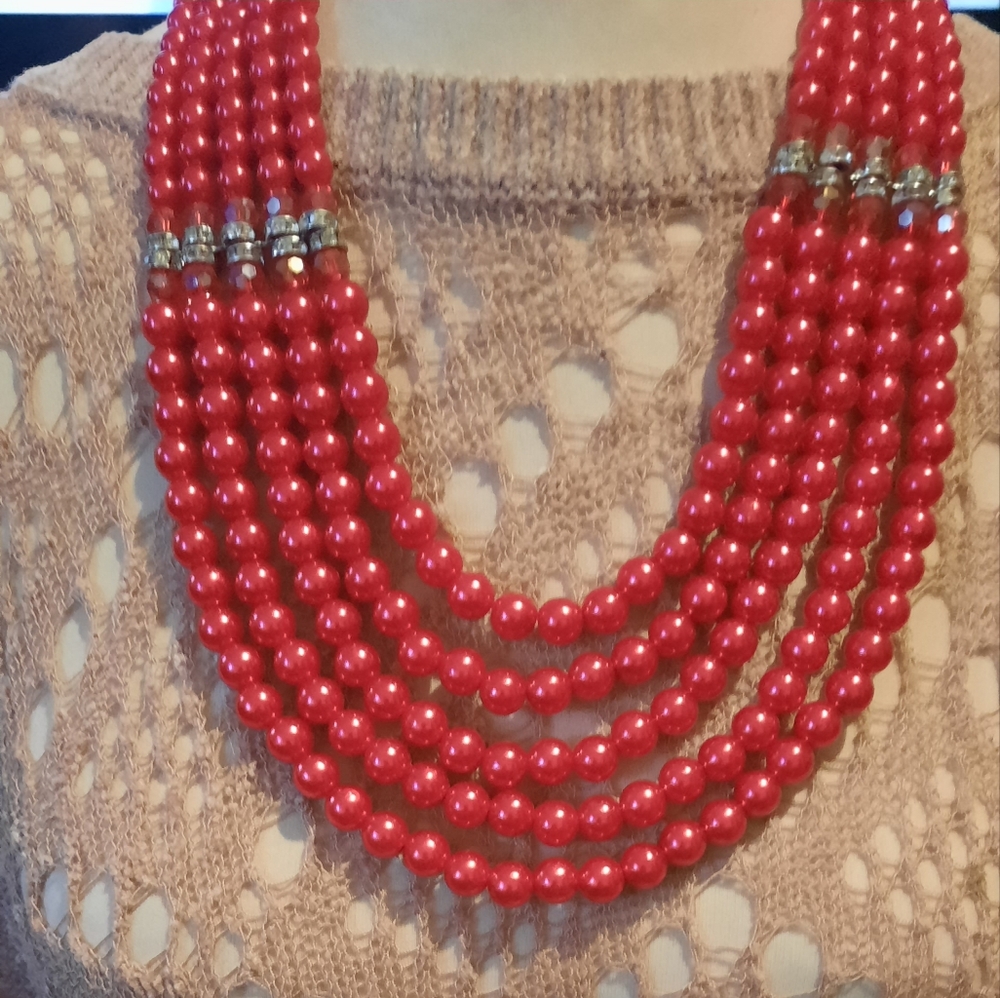 Statement Bright Beaded Red Layered Necklace Mult… - image 7